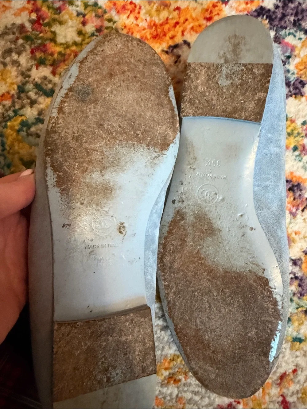CHANEL Blue Suede Camellia Flats